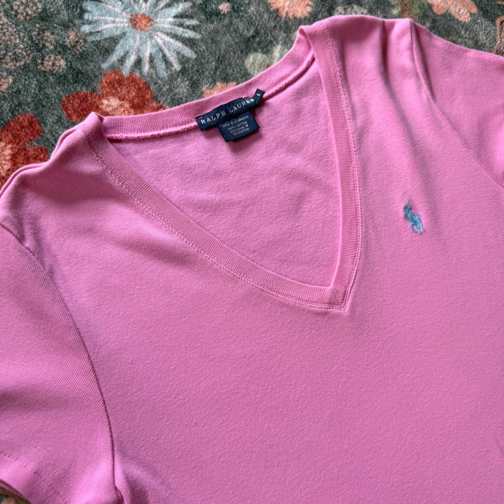 Ralph Lauren Womens Pink V-Neck Short Sleeve T-Shirt Cotton Pony Logo Large